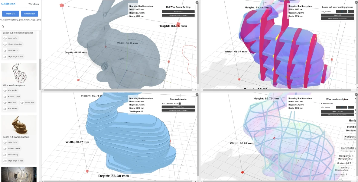 CAMeleon interface comparing fabrication workflows for a 3D model